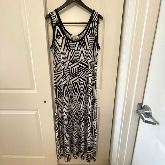 Calvin Klein Women's Maxi Black White Sleeveless Geometric Print Dress Size XL - Picture 2 of 10